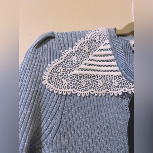 NWT Self- Portrait Light Blue Collar Lace Dress with Bow and Ruffle, Ribbed 38 - Picture 3 of 5